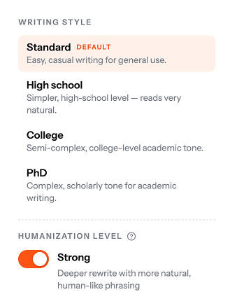 Choosing writing style and humanization level