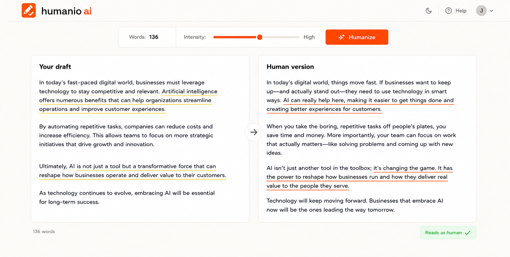 Editor screenshot — draft left, human rewrite right